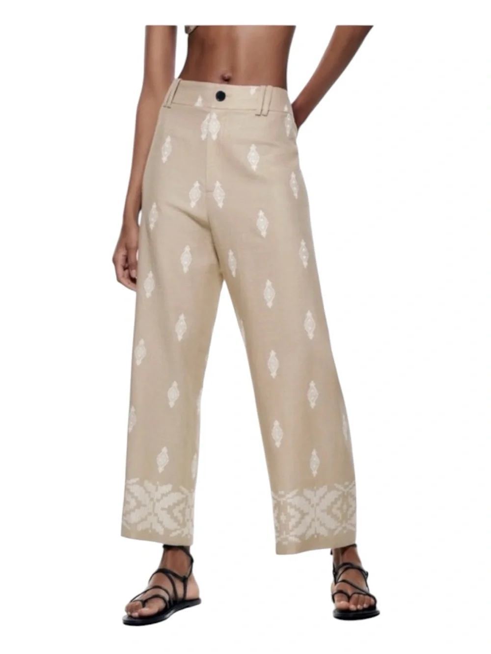 Zara tan linen embroidered wide leg trouser pants size S